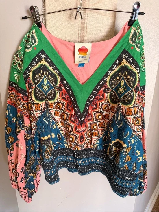 FARM Rio Multicolor V-Neck Printed Peasant Blouse - Green, Pink, Blue