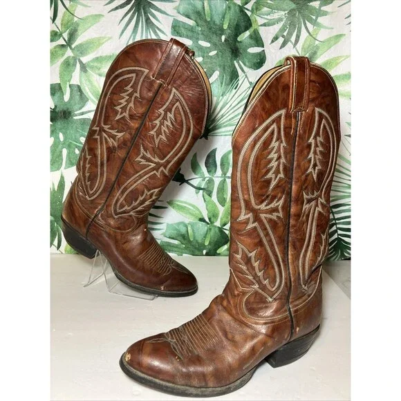 Tony Lama Cowboy Boots Men's 8D Terra Cota Leather Stitch Vaquero 6540 Vintage