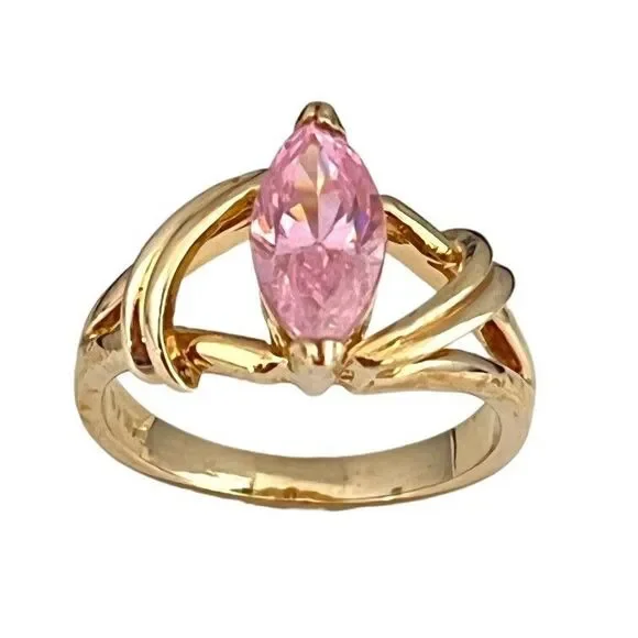Vintage 1980s Pink CZ Marquise Ring Size 9 14KTGE Gold Plate - 14D