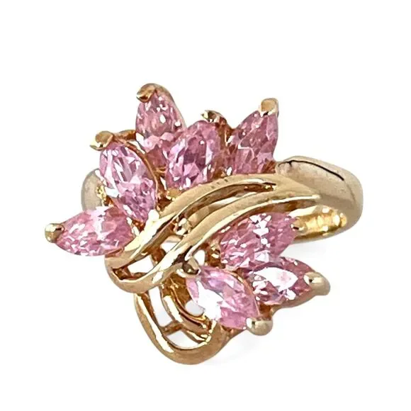 Vintage 1980s Pink CZ Cluster Ring Size 5 14KTGE Gold Plate - 14D