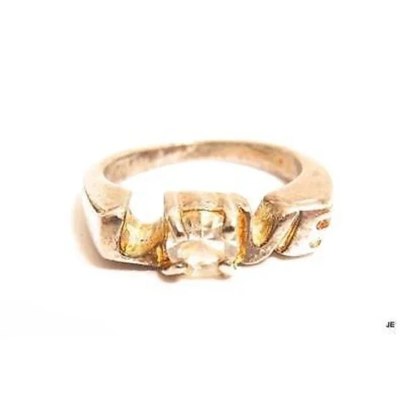 Vintage 925 Sterling Silver LOVE Sparkling Clear Rhinestone Ring Size‎ 5.5