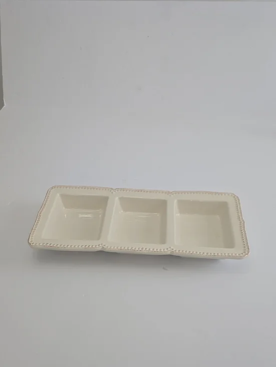 Pier 1 Imports Abigail 3 Section Divided Dish Beaded Border Stoneware