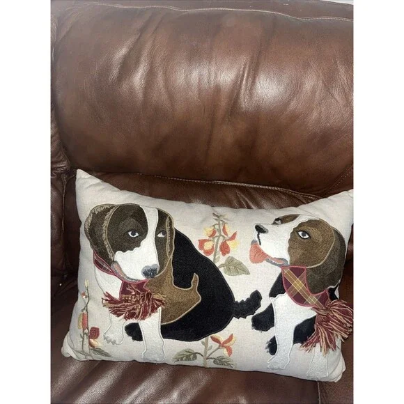 Pier 1 Imports Decorative Rectangular Throw Pillow Embroidered Beagles Fall