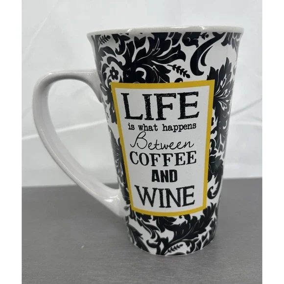 Pier 1 Stoneware Mug 24z tall novalty funny cup latte black damask Retro Revival