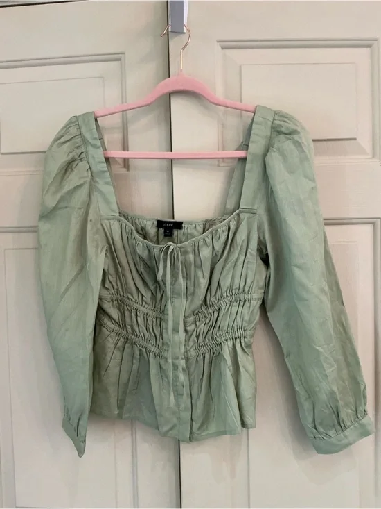 J. Crew Sage Green Smocked Square-Neck Cotton Blouse