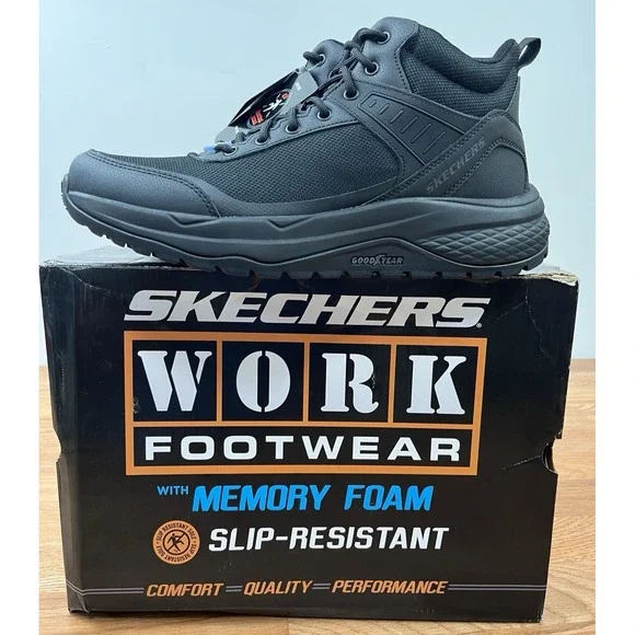 Skechers Work Boots Street Treader Scorron Men's 10.5 Black, Goodyear Soles NEW