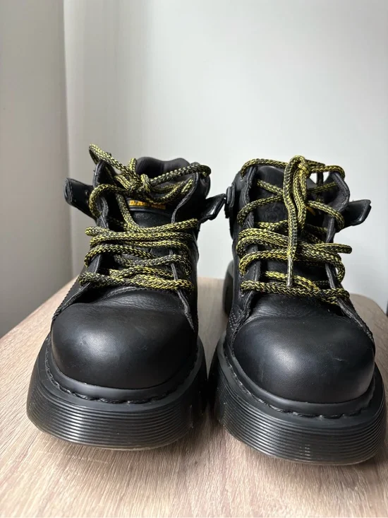 Dr. Martens Black Leather Woodard Boots with Yellow Stitching