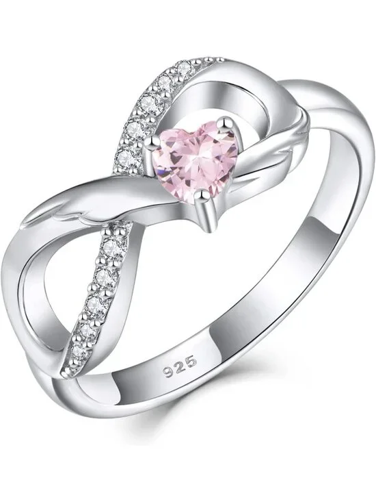 Women Pink Tourmaline 925 Sterling Silver Infinity Promise Angel Wing Heart Ring