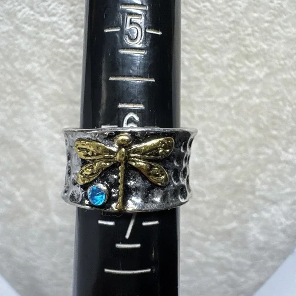 Vtg‎ Boho Stone Inlaid Ring Wide Hammered Band  Blue Stone Size 6 Sterling 925