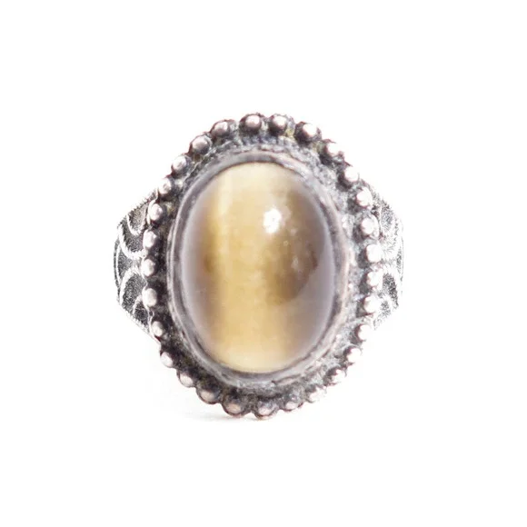 VINTAGE STERLING SILVER TIGER'S EYE HIGH DOME CABOCHON ORNATE SOLITARY RING*5.5‎