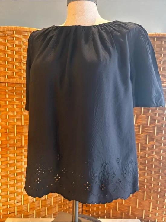 Black Eyelet Embroidered Peasant Blouse Boho Romantic Cottagecore Medium
