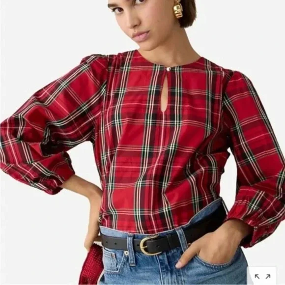 J. Crew Puff Sleeve Top in Good Tidings Plaid Size Medium