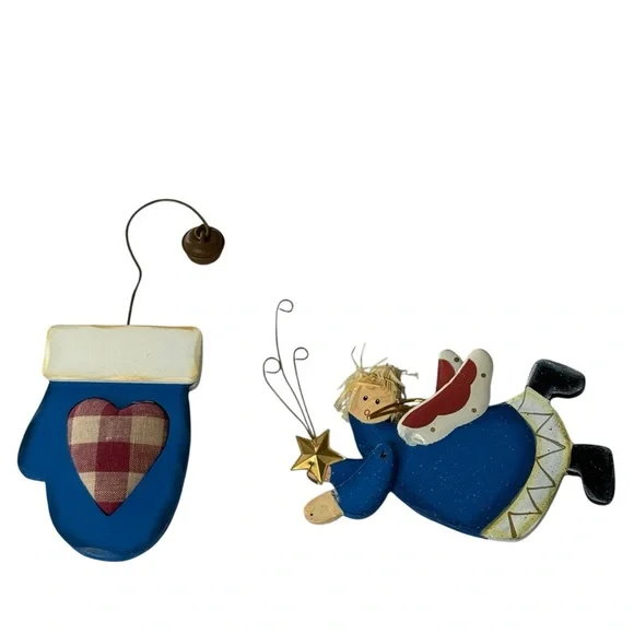 Vintage Primitive Wood Christmas Ornaments Set Angel Flying‎ Blue Mitten Heart