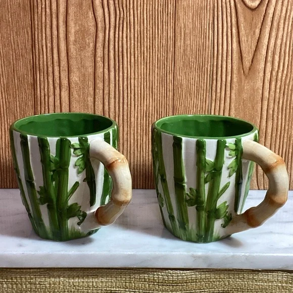 Pier One Green and White Bamboo Mugs Pandas inside