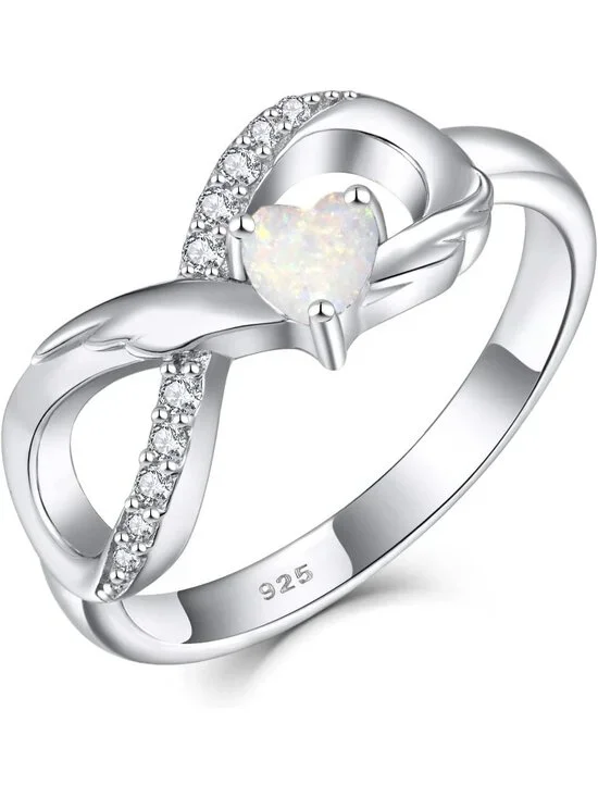 Women's Opal 925 Sterling Silver Infinity Promise Angel Wings Heart Ring