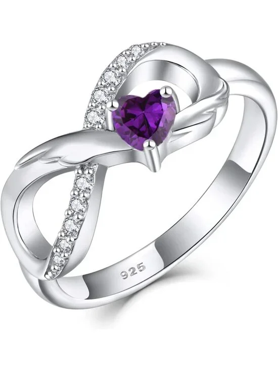 Women's Amythyst Feb 925 Sterling Silver Infinity Promise Angel Wings Heart Ring
