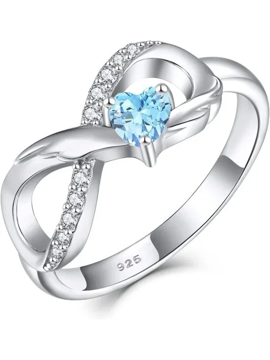 Women Aquamarine Mar 925 Sterling Silver Infinity Promise Angel Wings Heart Ring