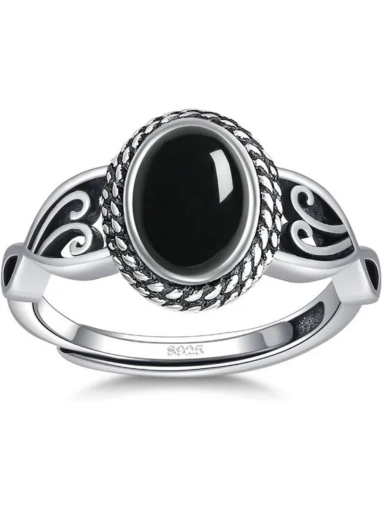 Women's Black Onyx 925 Sterling Silver Oval Adjustable Natural Stone Ring
