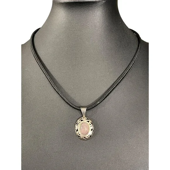 Jezlaine Rose Quartz Sterling Silver 925 Pendant Necklace on Black‎ Cord Vintage