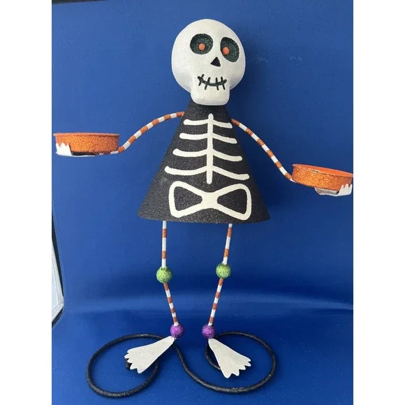 Pier 1 Skeleton Glitter Tealight Holder Whimsical Metal Halloween Decor 13