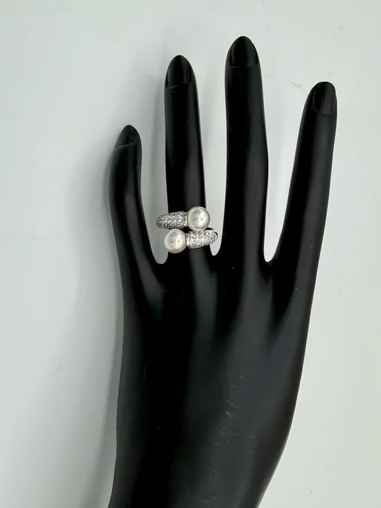 925 Sterling Silver Toi et Moi Bypass Ring Double Faux Pearl Pavé CZ Ring Size 7