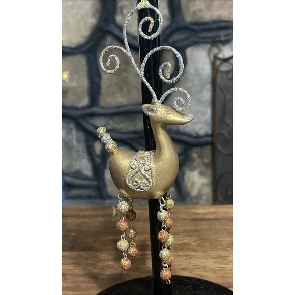 Pier‎ 1 Reindeer Christmas ornament glittery gold style with beaded dangly legs