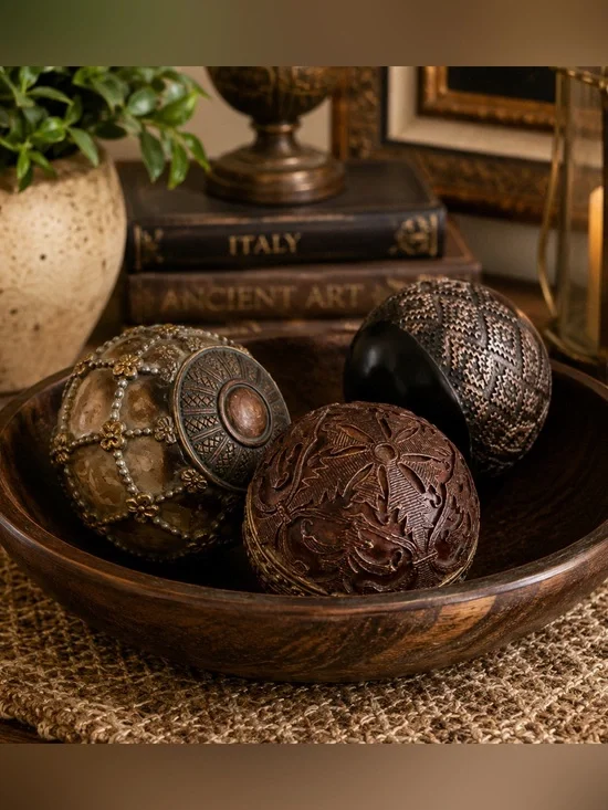 Pier 1 Imports Decorative Orb Set of 3 | Carved Resin Spheres | Global Boho Home