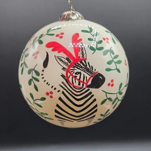 Pier 1 Li Bien 2015 Zebra Reindeer Antlers Hand Painted Glass Ornament with Box