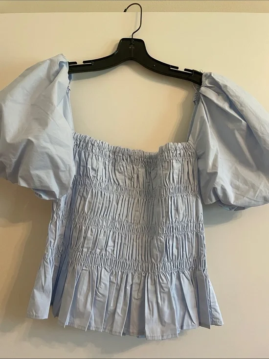 Astr Light Blue Puff Sleeve Smocked Peplum Top