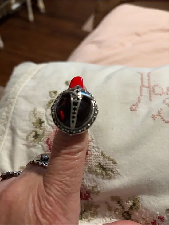 Silver Cocktail Ring with Deep Red Center Stone