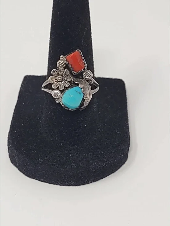 VTG Navajo 925 Sterling Turquoise Coral Ring Size 7 MS Star