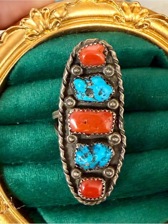 Genuine Navajo Turquoise and Coral - Sterling Silver Statement Ring