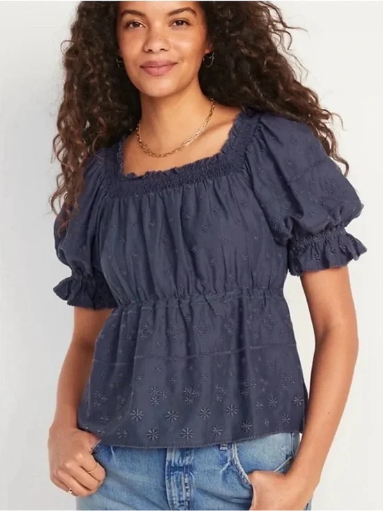 Old Navy Navy Blue Smocked Square-Neck Peasant Blouse Size 2X