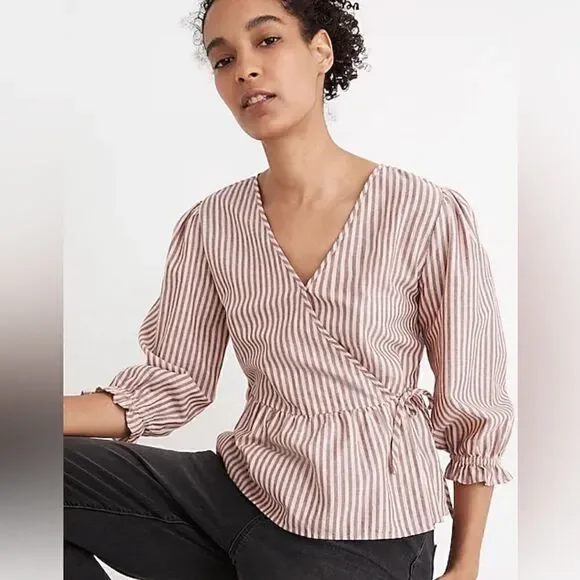 Madewell puff sleeve peplum wrap top stripe sweet tulip