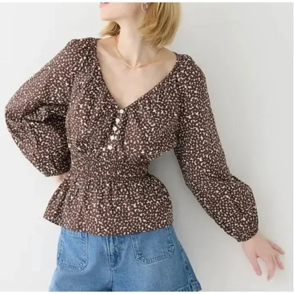 J. Crew Brown and Cream Smocked Peplum Blouse