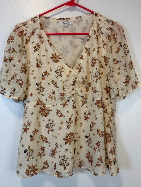 Madewell Cream Floral Gingham Silk V-Neck Blouse Puff Sleeves Women’s Size 8