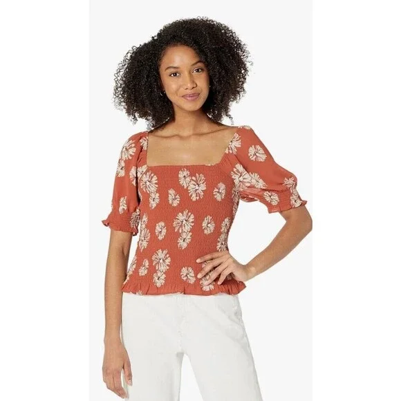 Madewell Georgette Lucie Top Sz M Womens Puff Sleeve Smocked Bodice Moody Blooms