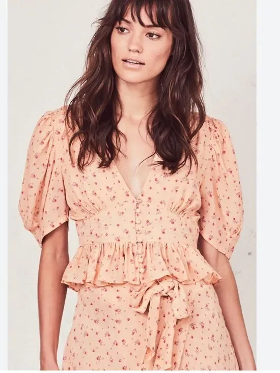 LoveShackFancy Peach Floral V‑Neck Peplum Blouse Silk Sz M