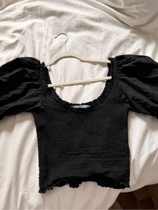 Hill House Black Smocked Puff Sleeve Crop Top