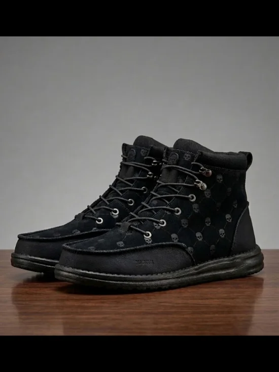 NEW! Hey Dude Bradley Black Suede High-Top Casual Boots Skull Pattern Sz 13 NWT