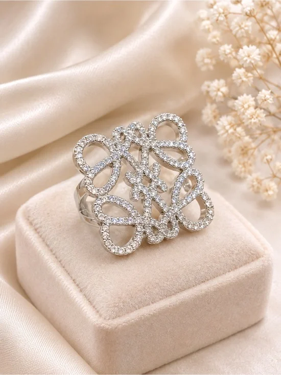 Silver Tone Rhinestone Filigree Statement Ring