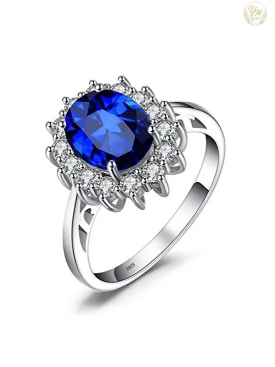 925 Sterling Silver Halo Engagement Ring for Women, AAA Created Sapphire,