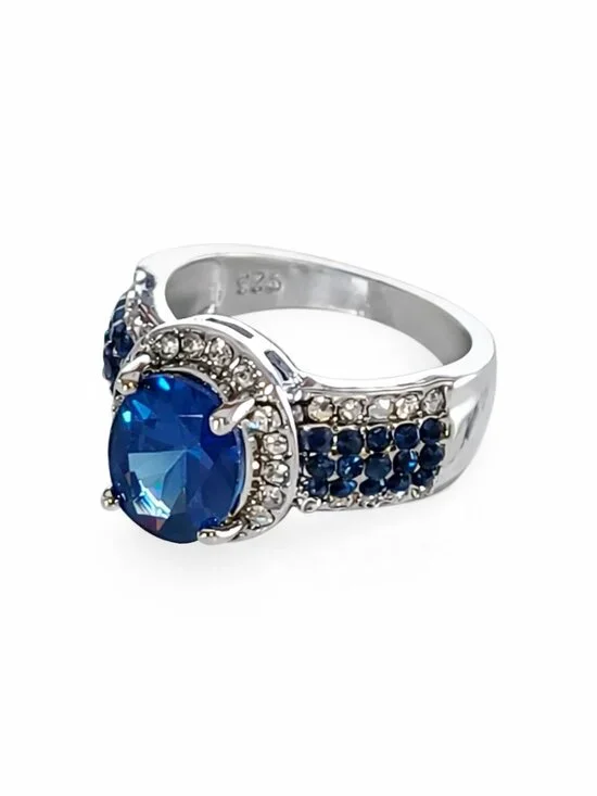 Size 8 Silver Plated Blue Gemstone Halo Ring