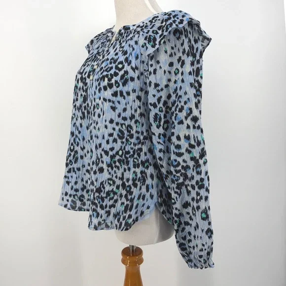 LOFT Blouse Blue Leopard Print Ruffle Shoulder Smocked Neck Gauzy Textured Small