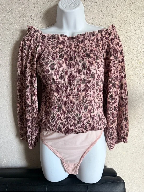 Free People Dusty Pink Floral Off-Shoulder Smocked Bodysuit