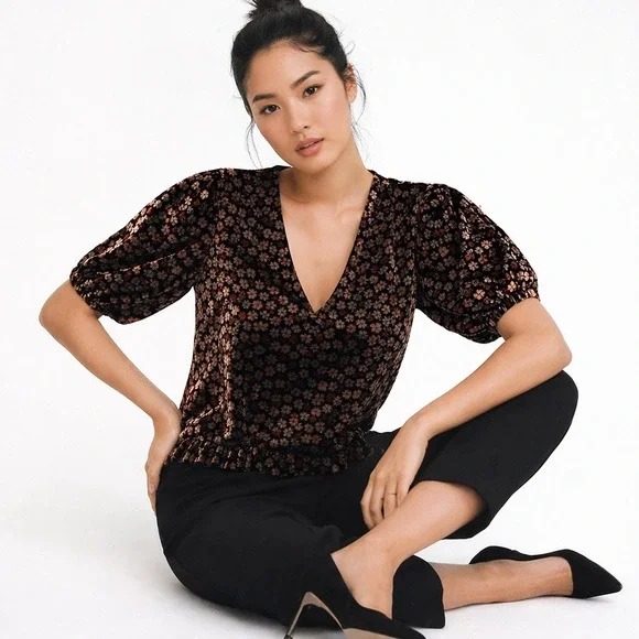 Madewell Floral‎ Burnout Velvet V Neck Puff Sleeve Top Black Brown L Coquette