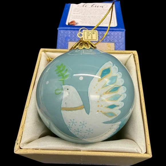 Pier 1 Li Bien‎ 2018 Peace Dove Christmas Ornament Hand Painted Glass Blue Boxed