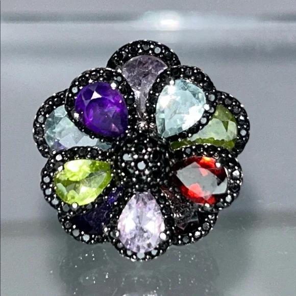 NWOT Multi Genuine Gemstone Sterling Silver Designer Floral Themed Ring Bohemian
