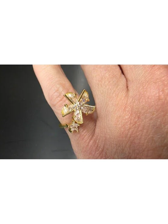 Gold Tone Adjustable Spinning Fidget Ring with Clear Stones Size 5