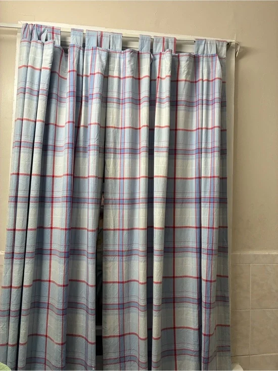 4 panels Pottery Barn Kids Light Blue Plaid Curtain with Red and Navy Stripes